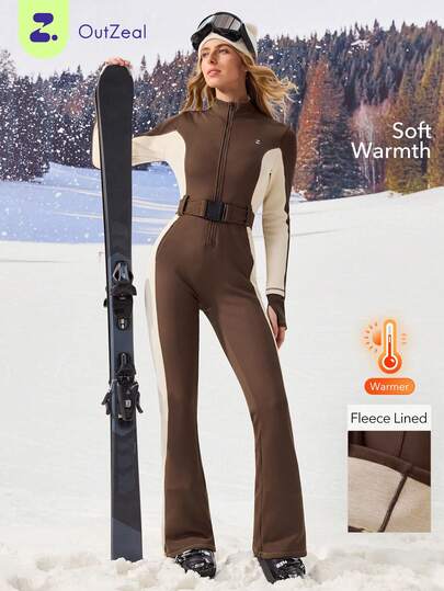OutZeal Tenue de ski pour femmes, combinaison d'extérieur, vêtements thermiques d'hiver, ski, usage quotidien, doublure brossée, jambes évasées, fermeture éclair avant avec poches