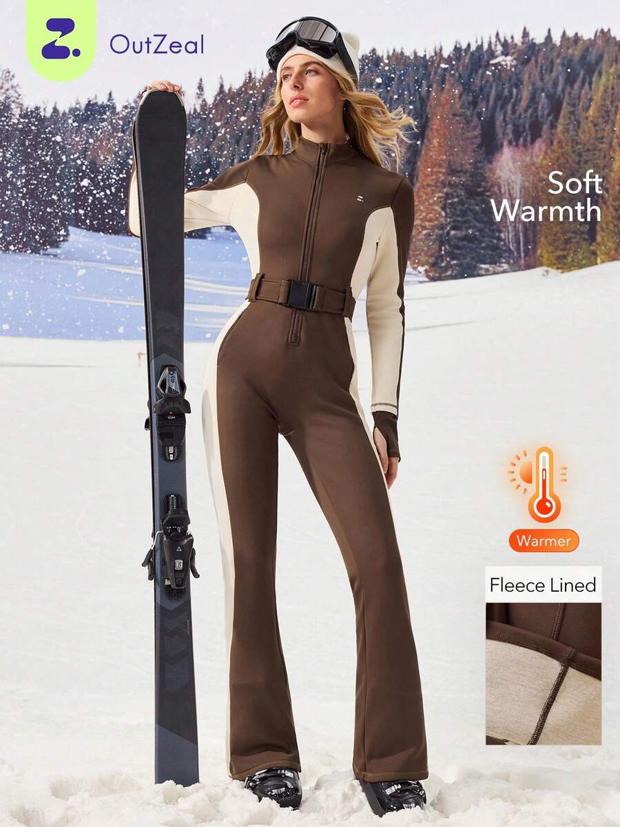 OutZeal Women Winter Thermal Outdoor Jumpsuit Christmas Outfit Skiing Daily Soft Brushed Lined With Front Zip Pocket - Brown - View 1