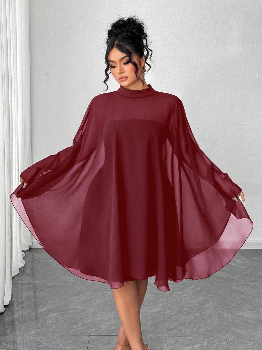 Elenzga Bộ 2 món váy ngắn không tay và khăn choàng voan thời trang tối giản dành cho nữ cỡ lớn - Màu Đỏ Sâu - Xem 1