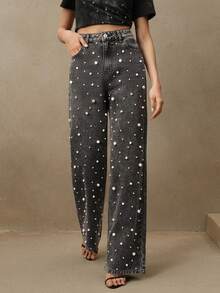 Anewsta Women's High Waist Fashionable Pearl Embellished Loose Straight Leg Jeans, Suitable For Spring And Valentine's Day - Black - View 5