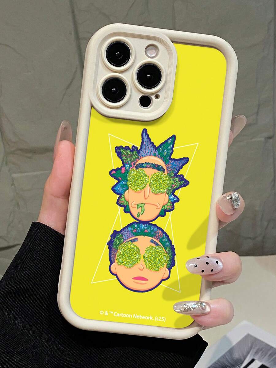 Rick and Morty X SHEIN 1个高端手机壳,品牌黄色背景,简约白色,精准开孔防摔,时尚设计,万圣节和圣诞节节日礼物,兼容 17/16/15/14/13/12/11和Galaxy S25/24/23 - 白色 - 查看 1