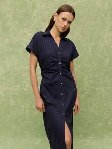 Nöista Đầm midi cổ chữ V có ve áo, tay ngắn xắn lên, cúc bạc phía trước và khóa kéo ẩn bên hông. Thích hợp cho mùa xuân, hè, nữ. - Màu xanh hải quân - Xem 4