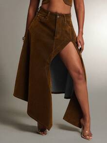Denimoi Asymmetrical Slit Denim Skirt, Fashionable, Denim Midi Skirt, High Slit Skirt, Sexy Skirt - Brown - View 2