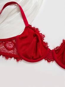 2pcs Women's Solid Color Fashionable Sexy Lace Thin Bra Set - Red - View 8