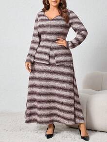 Modelyn Plus Size Women 2-Piece Set: Striped Knit Sweater With Decorative Buttons & Minimalist Skirt, Elegant & Fashionable, Suitable For Spring/Autumn - Brown - View 3