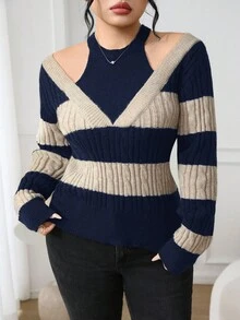 Modelyn Áo len hở vai kẻ sọc màu tương phản cỡ lớn, phong cách đường phố cho mùa thu - Màu xanh hải quân - Xem 4