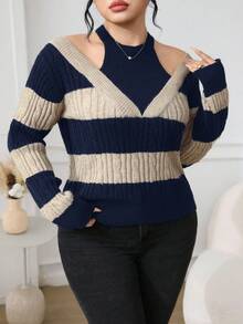 Modelyn Áo len hở vai kẻ sọc màu tương phản cỡ lớn, phong cách đường phố cho mùa thu - Màu xanh hải quân - Xem 5