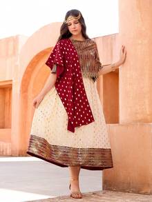 2pcs/Set Abaya Jalabiya Traditional Arabic Clothing, Metallic Fabric, Polka Dot Pattern, For Teenagers