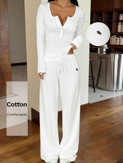 SHEIN EZwear 新款秋季全白女装白色针织修身长袖上衣和抽绳腰长裤休闲日常两件套两件套白色套装女白色两件套舒适两件套休闲两件套两件套女