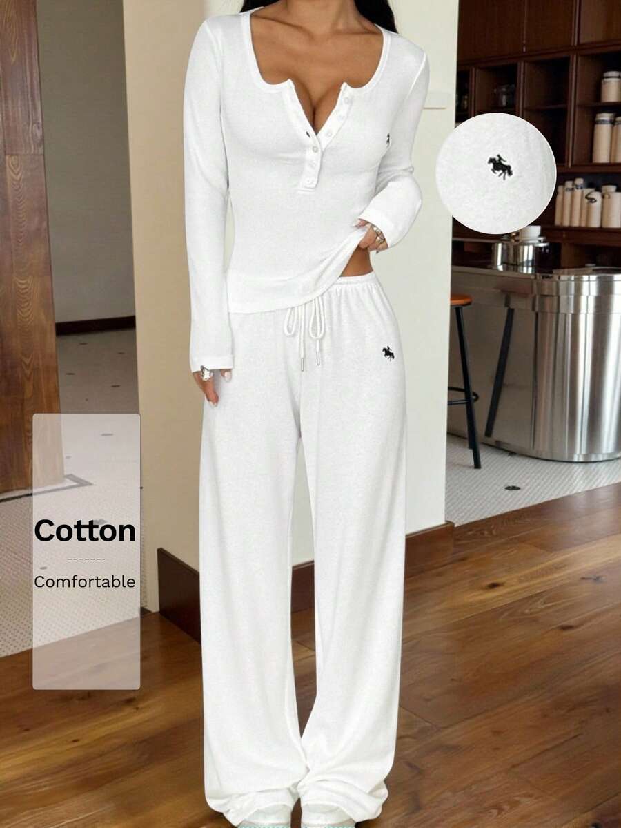 SHEIN EZwear New Autumn All White Women's White Knit Fitted Long Sleeve Top And Drawstring Waist Long Pants Casual Daily 2-Piece Set Two Pieces White Set Women White 2 Pieces Outfit Comfortable Two Pieces Set Casual 2 Pieces Set Two Pieces Set Women - White - View 1