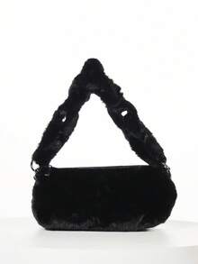 KIZN Luxury Faux Fur Shoulder Bag With Knotted Handle Winter Holiday Evening Purse Casual Top Handle Mini Handbag - Black - View 3