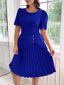 Ellevyn Đầm xếp ly công sở thanh lịch thiết kế bất đối xứng màu trơn cỡ lớn khóa kim loại trang trí - Xanh đậm - Xem 3