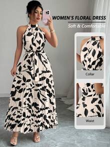 Elenzga Women's Summer Elegant Floral Loose-Fitting Halter Dress - Apricot - View 1