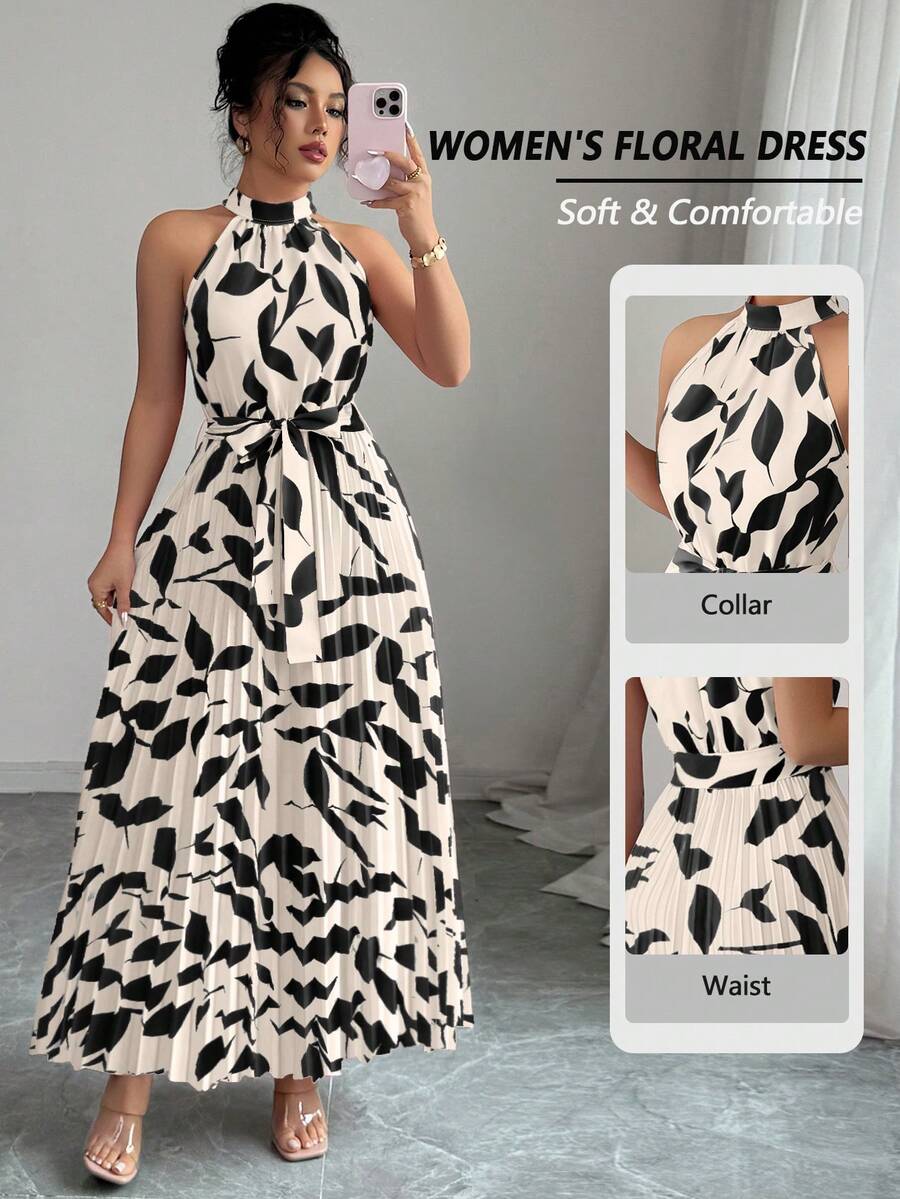 Elenzga Women's Summer Elegant Floral Loose-Fitting Halter Dress - Apricot - View 1