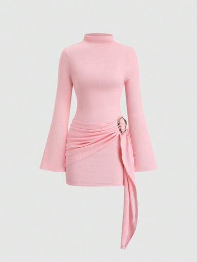 Sweetra Waist-Cinched Minimalist Flare Sleeve Bodycon Cinched Waist Dress