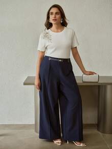 MOTF PREMIUM PLUS SIZE METAL BUCKLE FAUX LEATHER STRAP DECOR WIDE LEG PANTS - Navy Blue - View 1