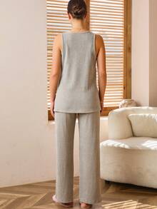 SHEIN Bộ đồ hai mảnh cho con bú áo không tay và quần dài màu trơn đơn giản - Màu Khaki - Xem 2