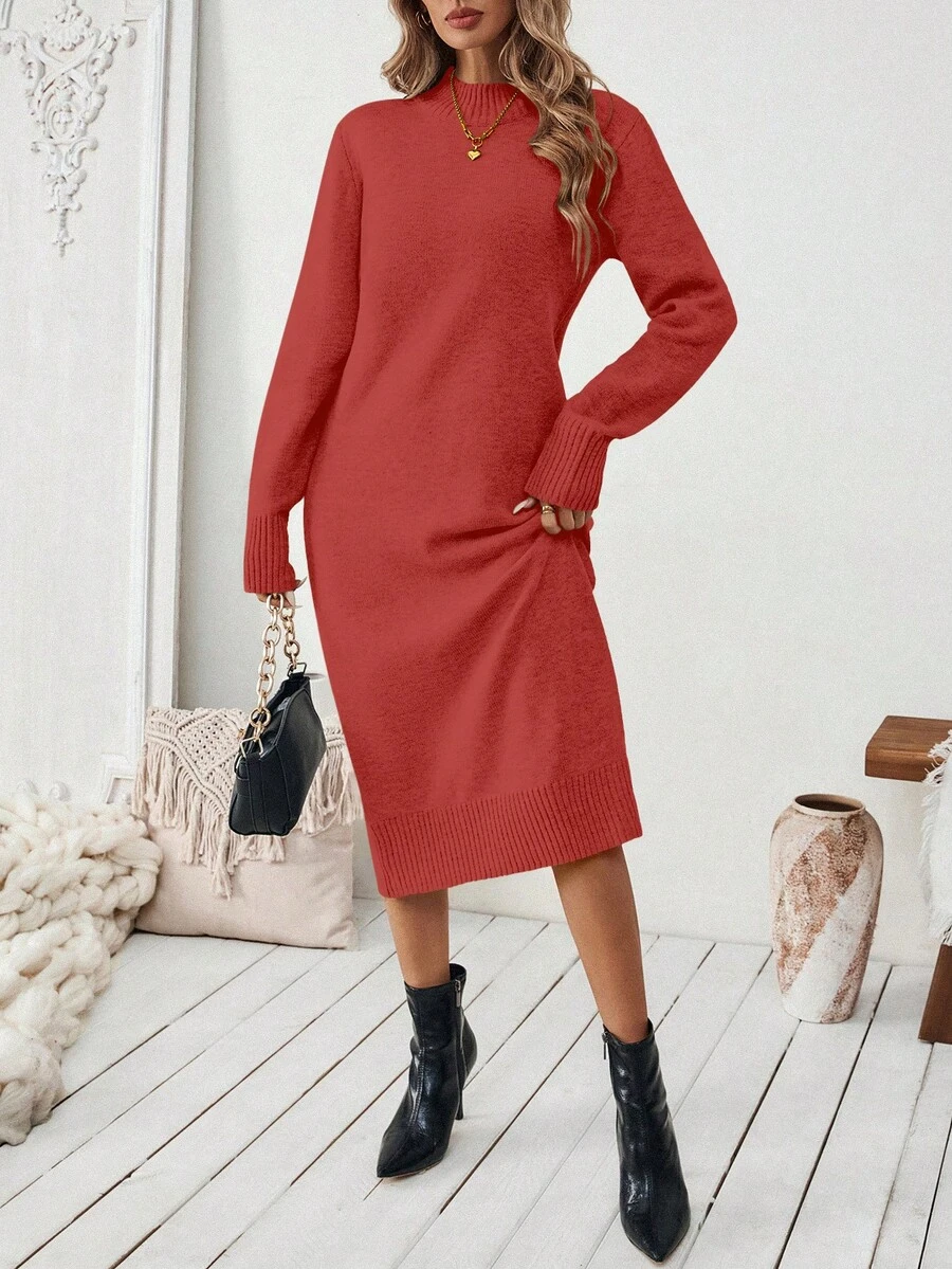 SHEIN LUNE 女士纯色休闲直筒简约针织连衣裙 - 紅色 - 查看 1