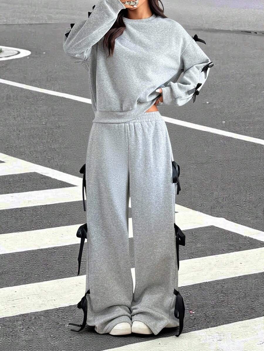 SHEIN EZwear 女士休闲宽松蝴蝶结装饰两件套 - 灰色 - 查看 1