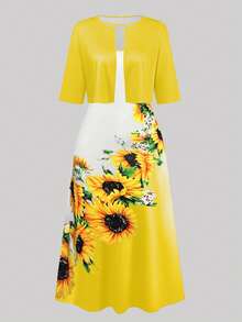 SHEIN EMERY ROSE CURVE 2pcs V-Neck Sleeveless Dress & Short Sleeve Open Front Cardigan Set - Yellow - View 7