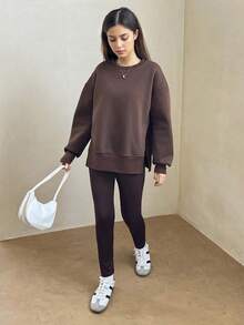SHEIN 1 Bộ trang phục áo nỉ hở vai rộng rãi và quần legging bó cho bé gái/phụ nữ tuổi teen, màu nâu, mùa thu/đông - Cà phê nâu - Xem 4