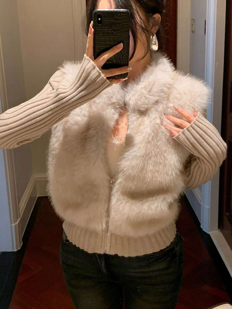 DAZY Áo khoác cardigan nữ 2 trong 1 chắp vá thanh lịch, Thu/Đông - Màu be - Xem 1