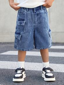 SHEIN Young Boy Street Cool Distressed Stonewashed Loose Fit Dark Grey Denim Cargo Shorts With Multiple Pockets,For Streetwear - Dark Wash - View 4