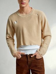 RONVEXI Fashionable Blogger Design Solid Color Distressed Pullover Sweater For Men, Autumn/Winter - Apricot - View 8