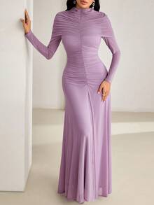 Feyla New Design Pleated Cinched Waist Elegant Romantic Party & Holiday Dress - Purple - View 3