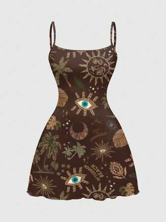 Fairycore Abito mini da donna con stampa integrale di piante, fiori, farfalle, sole, luna e stelle in stile gotico