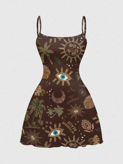 Fairycore Plant Floral Butterfly Sun Moon Star Gothic Style All-Over Print Mini Dress For Women