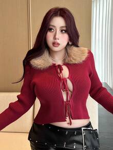 Dazy Plus Áo khoác cardigan co giãn màu trơn, bó sát, buộc dây phía trước, cổ lông nhân tạo, màu đỏ rượu, thích hợp cho năm mới, Giáng sinh, mùa thu/đông - Màu Đỏ Sâu - Xem 5