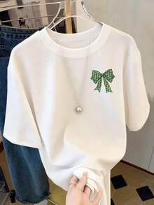 Resyla Camiseta de San Patricio con suerte, camiseta de mujer de cuello redondo con estampado de lazo de trébol, adecuada para uso diario y festivo - Blanco - Ver 2