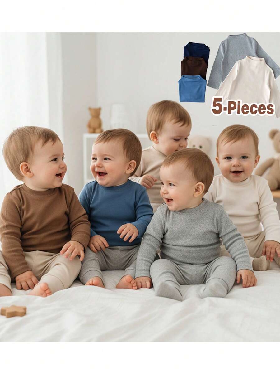 Loomiva Set 3 Potong Baju Bayi Laki-laki Warna Polos, Bahan Rajut Lembut, Leher Bulat, Lengan Panjang, Model Pullover - MultiWarna - View 1