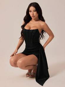 SHEIN PETITE 女士亮面褶皱喇叭鱼尾迷你连衣裙，度假派对 - 黑色 - 查看 6