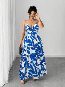 Elenzga 大码女装新款花卉印花扭结前系带腰身设计，下摆开衩，适合度假和约会 - 彩色 - 查看 4