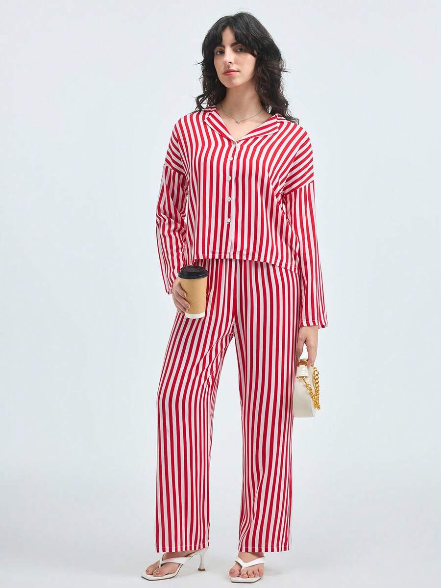 Loungeista 女士宽松纽扣条纹长袖上衣和松紧腰裤家居服套装（2件套），冬季服装 - 紅白色 - 查看 1