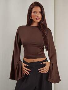 Aloruh Women's Elegant Commuter Solid Color Bell Sleeve Cropped Top,Casual Blouse For Women,Elegant Blouses For Women,Blown Tops Women - Coffee Brown - View 7