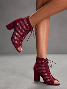 CUCCOO SZL Botas de tobillo con diseño de cordones y punta abierta de tacón alto de moda para uso diario - Burdeos - Ver 7