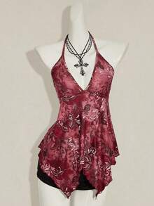 SHEIN ICON Burgundy Halter Tank Top For Women Boho Style Knitted Fabric Regular Length