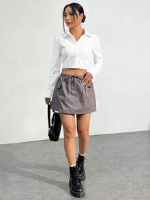 SHEIN EZwear 女士白色梭织收腰修身短款衬衫 - 白色 - 查看 6