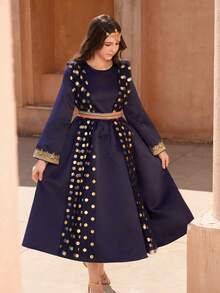 SHEIN Teen Girl Gold Polka Dot Round Neck Long Sleeve Casual Dress, Suitable For Daily Wear, Commute And School, Spring/Summer - Royal Blue - View 6