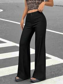 SHEIN EZwear 女士純色休閒低腰直筒褲，萬能款 - 黑色 - 查看 3