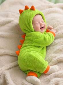 SHEIN Baby Boys Contrast Neon Green Thermal Lined Cute Dinosaur Hooded Romper, Comfortable Casual Fashionable Everyday Outfit, Suitable For Indoor, Outdoor, Skiing, Daily Wear, Sports, Party, Photo Shoot, Festival, Streetwear, Christmas, New Year