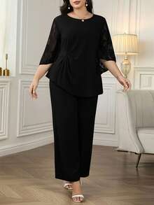 SHEIN Clasi Conjunto de 2 piezas de talla grande con mangas y pantalones de encaje retorcido y parches - Negro - Ver 3