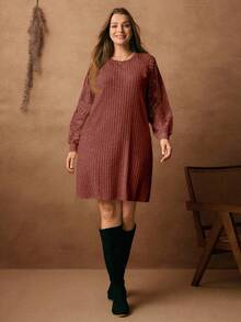 Rosumi 大码女式圆领长袖罗纹休闲宽松连衣裙 - 棕色 - 查看 8