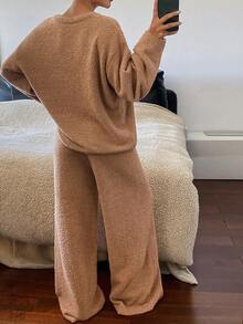 DAZY 2 piezas Conjunto de pijama holgado de punto de felpa con estampado de helado para mujer, otoño/invierno - Marrón - Ver 2