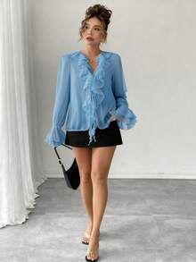 Rafferiza French Elegant Solid Color Chiffon Lantern Sleeve V-Neck Tie Front Loose Regular Autumn Ladies Blouse Fall Cloth For Women - Blue - View 4