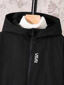 SHEIN 男童休闲日常百搭舒适字母印花宽松轻便连帽夹克 - 黑色 - 查看 6