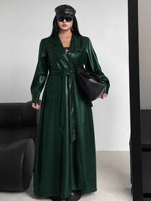 Sunspun 加大码翻领腰带A字型口袋长袖PU防风外套 - 墨綠色 - 查看 2